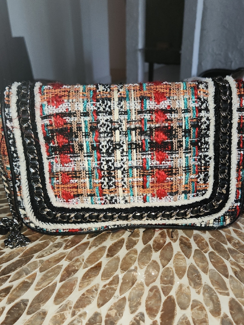 Zara Multicolor Tweed Chain-Trim Crossbody - Red, Black, Cream
